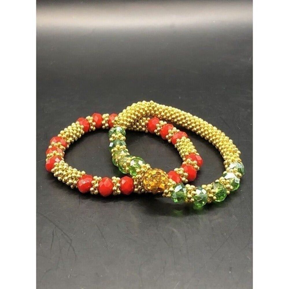 Lot of 2 Green Red Gold Faceted Rainbow Beads‎ Gold Tone Stretch Bracelets
